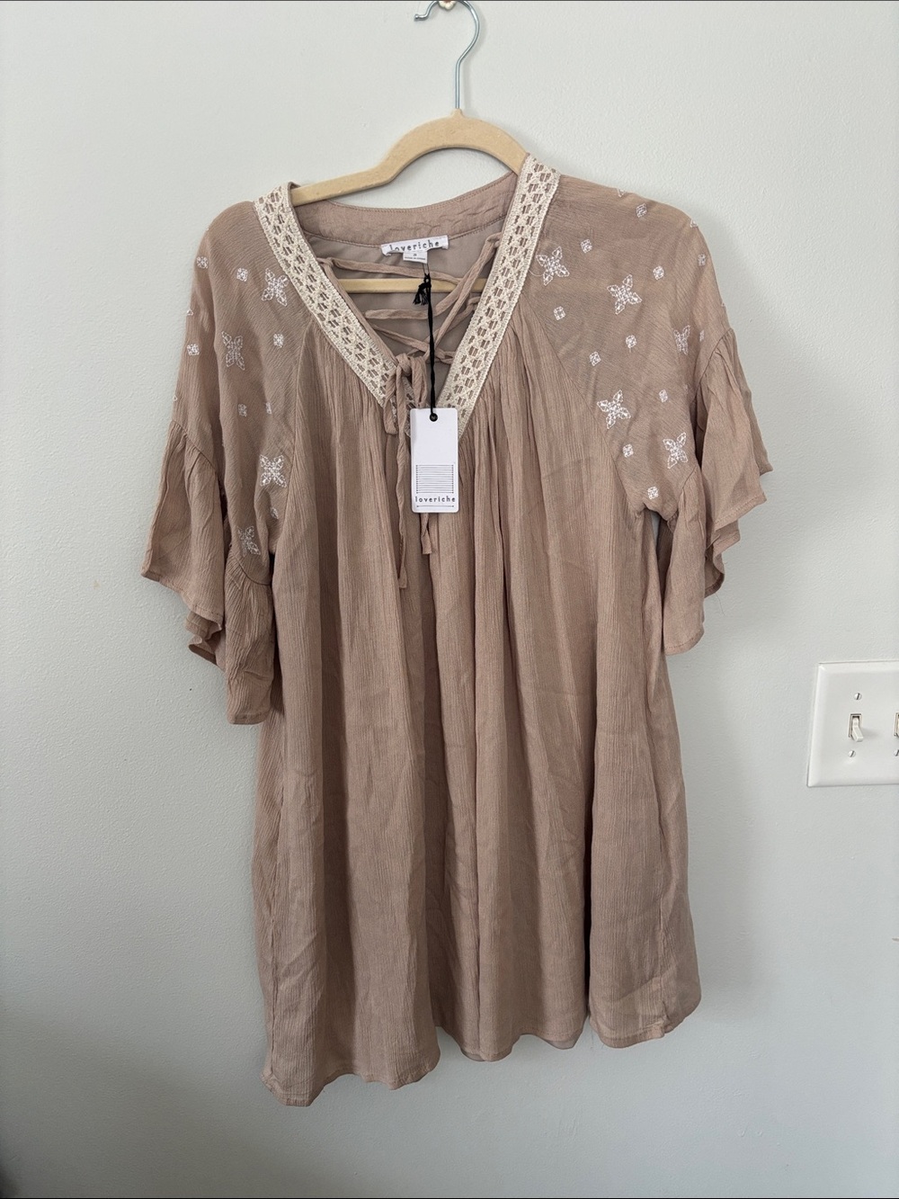 Love Riche Taupe Crochet-Trim Embroidered Tunic
